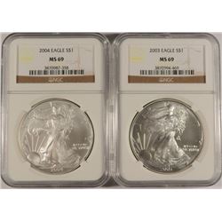 2003 & 2004 AMERICAN SILVER EAGLES, NGC MS-69
