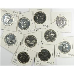(10) 1961 PROOF FRANKLIN HALF DOLLARS GEM PROOFS