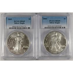 2002 & 2003 AMERICAN SILVER EAGLES, PCGS MS-69