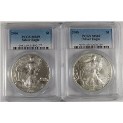 2005 & 2006 AMERICAN SILVER EAGLES, PCGS MS-69