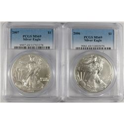 2006 & 2007 AMERICAN SILVER EAGLES, PCGS MS-69
