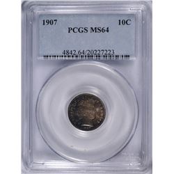 1907 BARBER DIME, PCGS MS-64 nice!