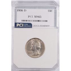 1936-D WASHINGTON QUARTER, PCI MS-65 GEM, RARE!