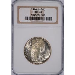 1946-S WALKING LIBERTY HALF DOLLAR, NGC MS-64  BLAST WHITE
