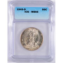 1945-D WALKING LIBERTY HALF DOLLAR, ICG MS-66