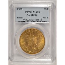 1908 $20.00 NO MOTTO ST GAUDENS GOLD, PCGS MS-63