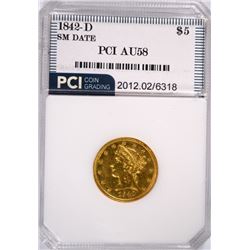 1842-D SMALL DATE $5.00 GOLD, PCI AU-58 RARE!!