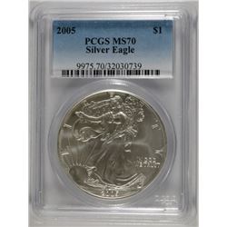 2005 AMERICAN SILVER EAGLE, PCGS MS-70 RARE LISTS IN PCGS PRICE GUIDE AT $700.00