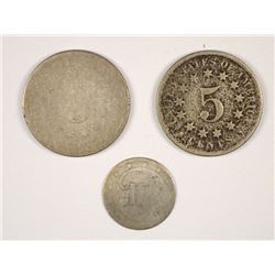 LOW GRADE TYPE COINS (2) SHIELD NICKELS & THREE CENT SILVER)