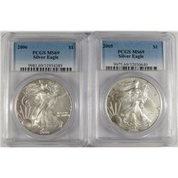 2005 & 2006 AMERICAN SILVER EAGLES, PCGS MS-69