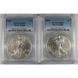 2006 & 2007 AMERICAN SILVER EAGLES, PCGS MS-69
