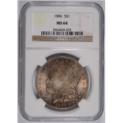 1886 MORGAN SILVER DOLLAR, NGC MS-64  NICE COLOR ON THE OBVERSE