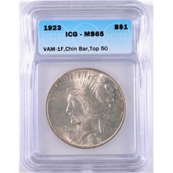 1923 PEACE SILVER DOLLAR, ICG MS-65 BLAST WHITE! VAM 1F