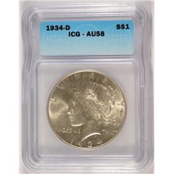 1934-D PEACE SILVER DOLLAR, ICG, AU-58  NICE!!
