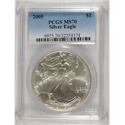 2005 AMERICAN SILVER EAGLE, PCGS MS-70 RARE LISTS IN PCGS PRICE GUIDE AT $700.00