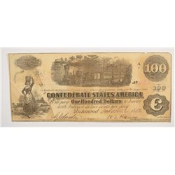 1862 $100 CONFEDERATE STATES OF AMERICA NOTE (T-40) F/VF