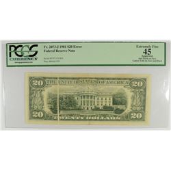 1981 $20 FEDERAL RESERVE NOTE (MAJOR MINT ERROR-INK MARK ON FACE, GUTTER FOLD)