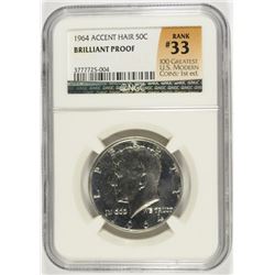 1964 PROOF KENNEDY HALF DOLLAR NGC BRILLIANT PROOF (ACCENT HAIR) (RANK #33 100