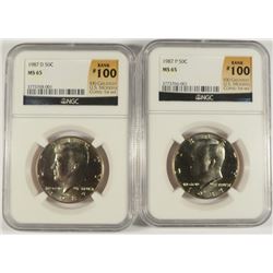 1987 (P&D) KENNEDY HALF DOLLARS NGC MS-65'S (RANK #100 100 GREATEST MODERN COINS