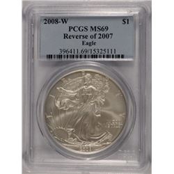 2008-W (REV OF 07) SILVER AMERICAN EAGLE PCGS MS-69 (RARE MODERN COIN)