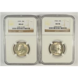 1934 WASHINGTON QUARTER NGC AU-58 & 1939 WASHINGTON QUARTER NGC MS-62