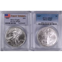 2005 & 2007 AMERICAN SILVER EAGLE PCGS MS69