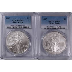 2 -2007 AMERICAN SILVER EAGLES PCGS MS69