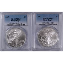 2 - 2007 AMERICAN SILVER EAGLES PCGS MS69