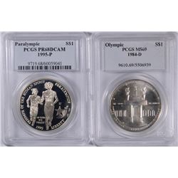 2 - PCGS COMMEM SILVER DOLLARS; 1984D OLYMPICS MS69 & 1995P PARALYMPIC PR68 DCAM