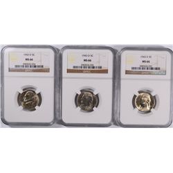 3 - 1943 D JEFFERSON SILVER NICKELS ALL NGC MS66