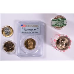 23 - PRESIDENTIAL DOLLAR COINS; ADAMS & ROOSEVELT UNC ROLLS, FILLMORE PCGS PR69