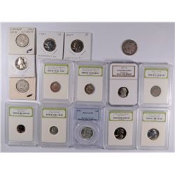 COLLECTORS LOT; 15 pcs 1892 BARBER HALF, 2-CANADA SILVER QTR, 1943 QTR PCGS AU58