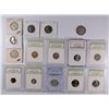 Image 1 : COLLECTORS LOT; 15 pcs 1892 BARBER HALF, 2-CANADA SILVER QTR, 1943 QTR PCGS AU58