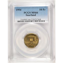 1954 SAARLAND 10 FRANKEN, PCGS MS-66 RARE!!