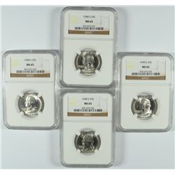 4 1948-S WASHINGTON QUARTERS NGC MS-65