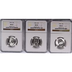 LOT OF ( 3 ) 1955 WASHINGTON QUARTERS, NGC MS-65