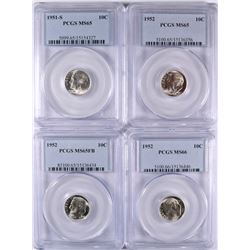 4-PCGS GRADED ROOSEVELT DIMES: 1951-S MS-65, 52, MS-65, 52 MS-65 FB & 52 MS-66