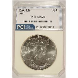 1986 AMERICAN SILVER EAGLE, PCI MS-70  RARE!