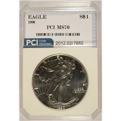 1990 AMERICAN SILVER EAGLE, PCI MS-70 RARE!!
