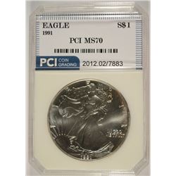 1991 AMERICAN SILVER EAGLE, PCI MS-70  RARE!