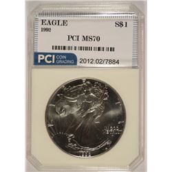 1992 AMERICAN SILVER EAGLE, PCI MS-70!!  RARE IN THIS GRADE!