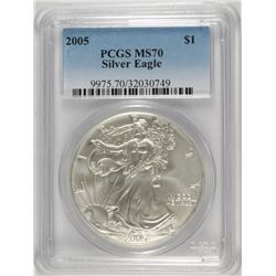 2005 AMERICAN SILVER EAGLE, PCGS MS-70 RARE LISTS IN PCGS PRICE GUIDE AT $700.00