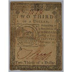 1776 TWO THIRDS OF A DOLLAR CONTINENTAL CURRENCY  VF
