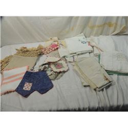 BOX LOT ASSORTED VINTAGE DOLIES,LINENS,FANCY WORK