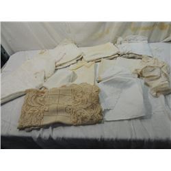BOX LOT ASSORTED VINTAGE DOLIES, LINENS,FANCY WORK