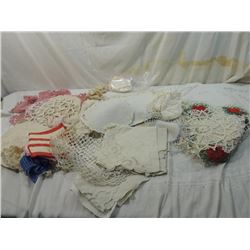 BOX LOT ASSORTED VINTAGE DOLIES, LINENS, FANCY WOR