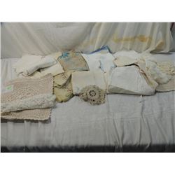 BOX LOT ASSORTED VINTAGE DOLIES,LINENS, FANCY WORK