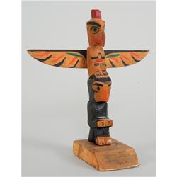 Ellen Neel Totem Carved with Thunderbird and Human Sept. '52 Stamped "Hand Carved and Hand Painted b