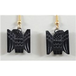 Pair of Pat McQuire Argillite Earrings with Incised Eagle Design 3/4" H. 5/8" W.  Good Condition