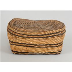 Finely Woven Nuu-chah-nulth Lidded Basket with Geometric Banded Design 4 1/2" L. 2 1/2" W. 2" H.  Go